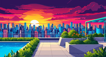 Vibrant sunset glow over a futuristic city skyline from a luxurious rooftop patio with a refreshing pool and lush greenery, capturing a serene urban escape with dramatic sky colors