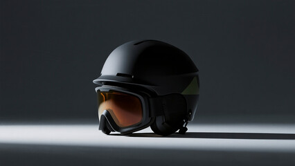 A clean sharp studio shot of a modern unbranded ski helmet and goggles isolated on a stark cool dark grey background