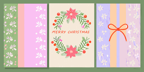 Festive christmas greeting cards featuring poinsettias wreath and gift box design