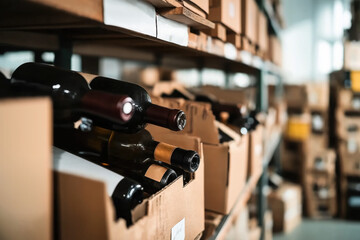 Obraz premium Loose wine bottles in cardboard boxes