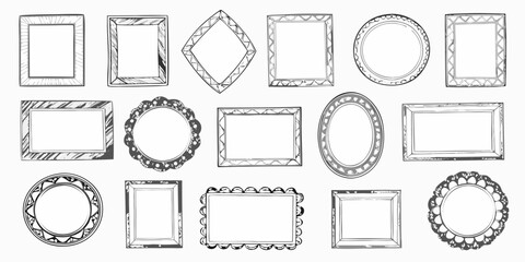 Collection of hand drawn sketchy picture frames in various shapes and styles on white background