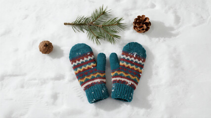 A clean top-down flat lay shows festive red knitted mittens and a small sprig of pine resting on a pristine snow texture