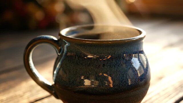 Glazed mug shines in focused cinematic shot of coffee