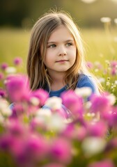 Sweet young girl dreams in a field of vibrant flowers, bathed in golden sunlight, perfect for family, nature, and childhood innocence themes
