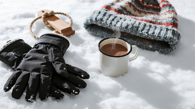 A warm top-down flat lay shows bright winter gear essentials including a knitted hat waterproof gloves and a steaming cocoa mug resting on a clean snow surface