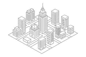 Fototapeta premium Abstract geometric outline of a metropolitan cityscape featuring high-rise towers and commercial buildings
