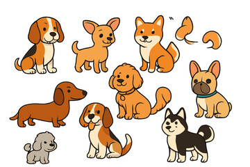 Fototapeta premium Set of adorable cartoon puppies featuring popular dog breeds Beagle, Shiba Inu, and Dachshund