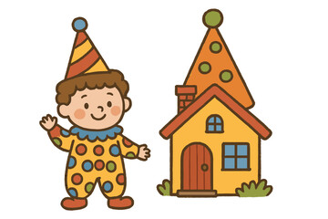 Whimsical child in a colorful clown costume next to a small house with a party hat roof
