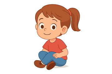 Cheerful young girl sitting cross-legged wearing a red shirt and blue pants