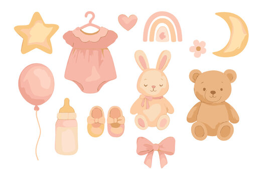 Cute baby girl shower elements set with teddy bear, bunny, pink clothes, and nursery accessories - Powered by Adobe