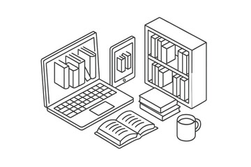 Isometric study desk setup with books, laptop, tablet, and bookshelf for learning