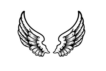 Stylized pair of symmetrical angel wings or bird wings in black and white outline drawing