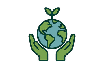 Human hands gently holding the planet Earth with a green sprout symbolizing growth