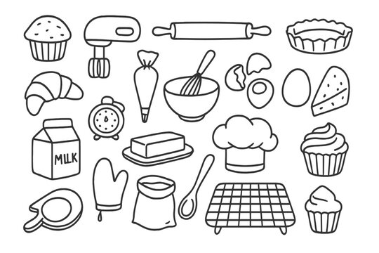 Hand drawn doodle set of essential baking ingredients and kitchen tools outline collection