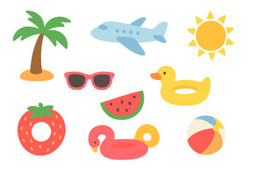 Summer vacation travel elements set with beach accessories and inflatable swimming rings