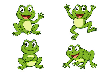 Four cute green cartoon frogs showing different happy poses and emotions on a white background