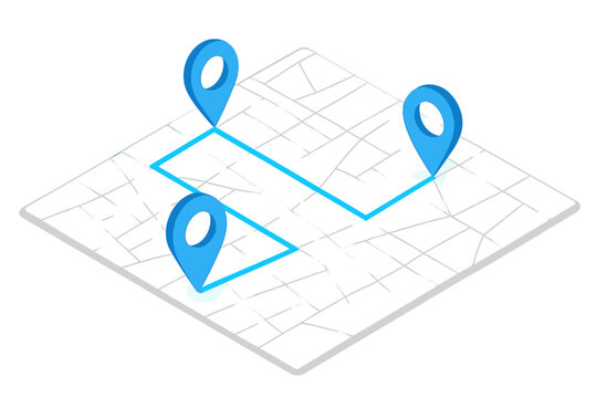Isometric map grid showing a planned route connecting three distinct location pins