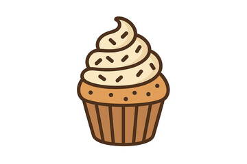 Single delicious baked cupcake topped with swirled vanilla frosting and decorative sprinkles