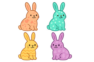 Adorable set of four colorful rabbits featuring various decorative patterns