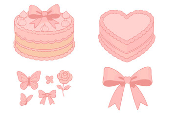 Collection of pink cakes, bows, butterflies, and rose decorative elements for sweet themes