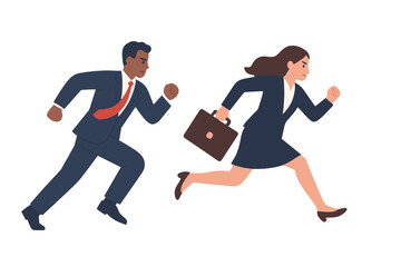 Two diverse professionals running quickly in formal business attire symbolizing corporate competition