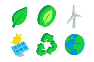 Isometric symbols for ecology, renewable energy, recycling, and sustainability concepts