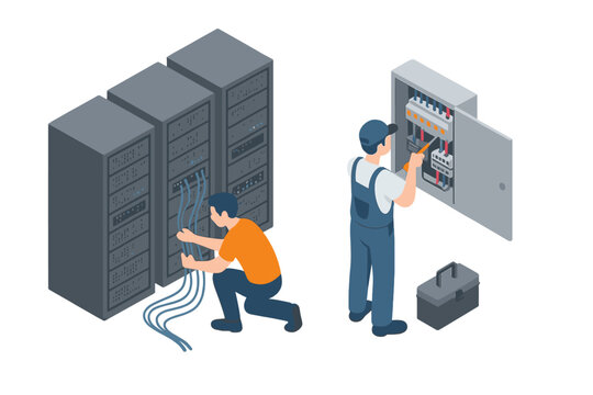 IT specialist connecting cables to server racks and electrician repairing electrical switchboard - Powered by Adobe