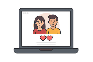 Online dating profile interface displayed on a laptop screen showing a couple's avatars and heart icons for connection