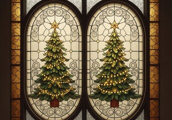 Stained glass christmas trees, glowing festive holiday art