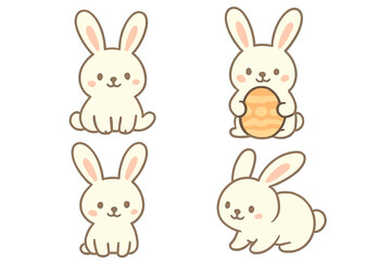 Cute cartoon bunny character set in various poses including holding an Easter egg