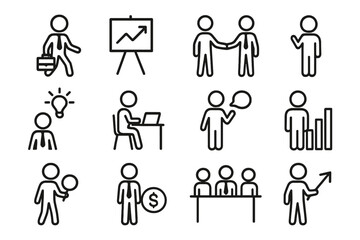 Simple outline symbols for business concepts including teamwork, presentation, and finance
