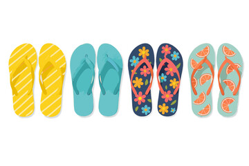 Four pairs of colorful summer flip-flops featuring diverse patterns for beach footwear