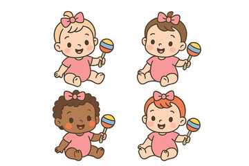 Group of happy diverse baby girls wearing pink onesies and bows holding colorful toys