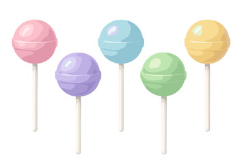 Five brightly colored spherical lollipops assortment in soft pastel shades on sticks