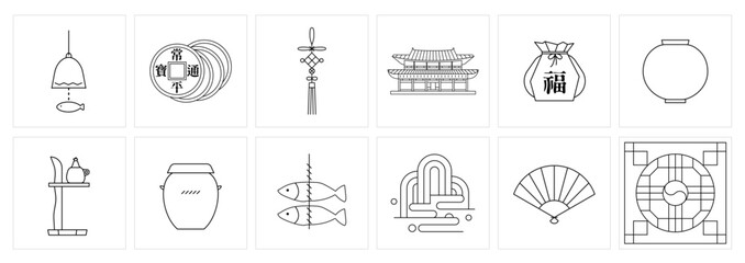 Korean Traditional Architecture and Symbolic Objects Line Icons, Hanok, Pottery, and Folk Symbols.