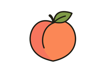 Delicious ripe peach fruit with green leaf and stem in thick black outline style
