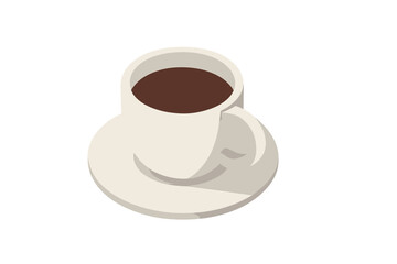 Isometric view of a white ceramic coffee cup with hot dark beverage on a matching saucer