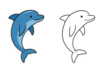 Cute cartoon dolphin jumping out of the water, featuring a friendly smiling face
