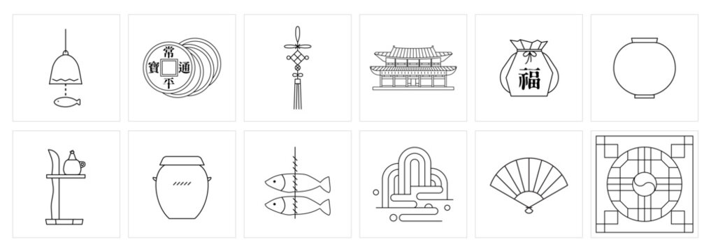 Korean Traditional Architecture and Symbolic Objects Line Icons, Hanok, Pottery, and Folk Symbols.