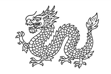 Traditional Chinese dragon line art drawing in black and white outline style