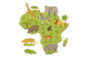 Obraz premium Stylized map of African continent with diverse wild animals and safari wildlife