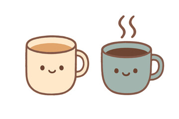 Adorable pair of smiling coffee mugs filled with hot beverages and steam