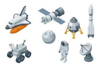 Isometric space exploration objects including shuttle, rocket, satellite, astronaut, lunar module, and rover © Alan
