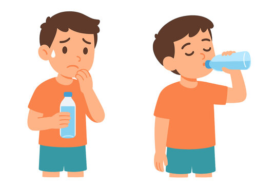 Young boy sweating from thirst holding a water bottle and drinking for immediate relief