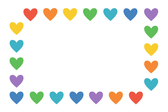 Vibrant heart shapes arranged in a rectangular border pattern with rainbow colors