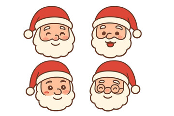 Cute cartoon Santa Claus faces with various happy expressions for Christmas and winter holidays