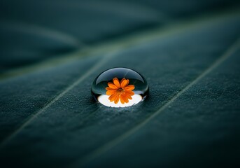 Stunning macro shot of vibrant orange flower reflected in a water droplet on a deep green leaf perfect for backgrounds or nature themed designs
