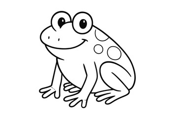 Cute smiling cartoon frog sitting on the ground black and white outline character