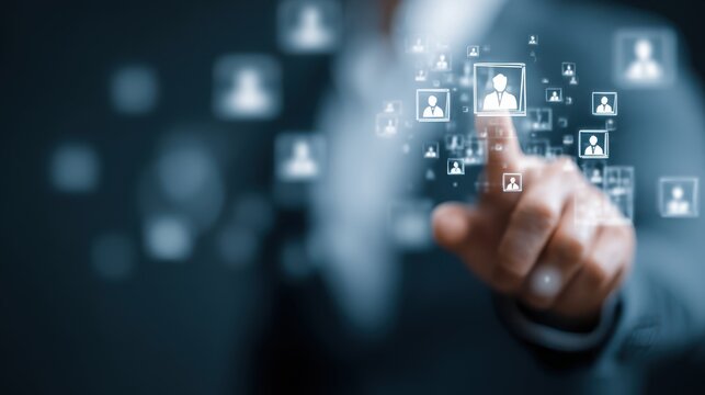 Businessman Interacting with Digital Interface Showing Virtual Network of People in Abstract Style for Technology and Connection Themes - Powered by Adobe