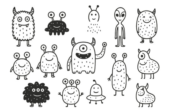 Whimsical set of funny cartoon monsters and friendly alien characters in simple doodle style
